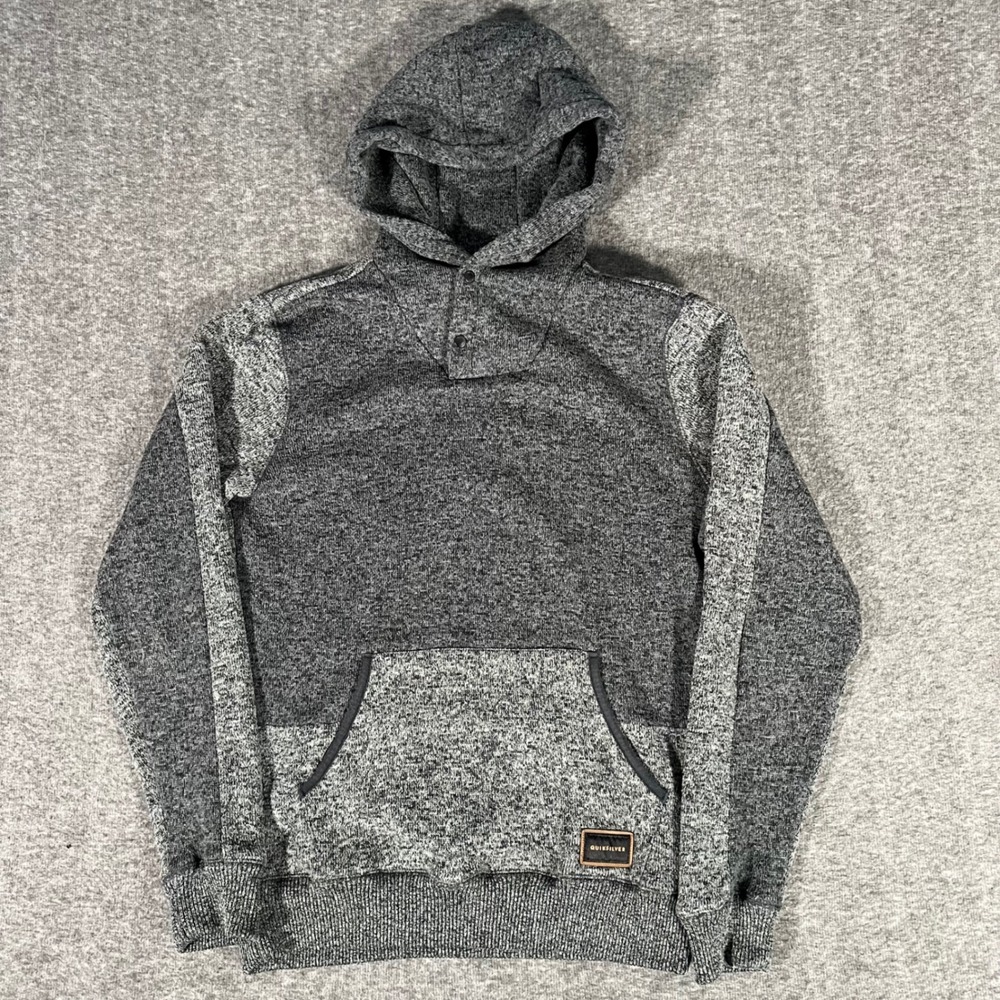 Quiksilver Mens Grey Marl Knit Pullover Hoodie Snap Neck Size Medium Surfwear